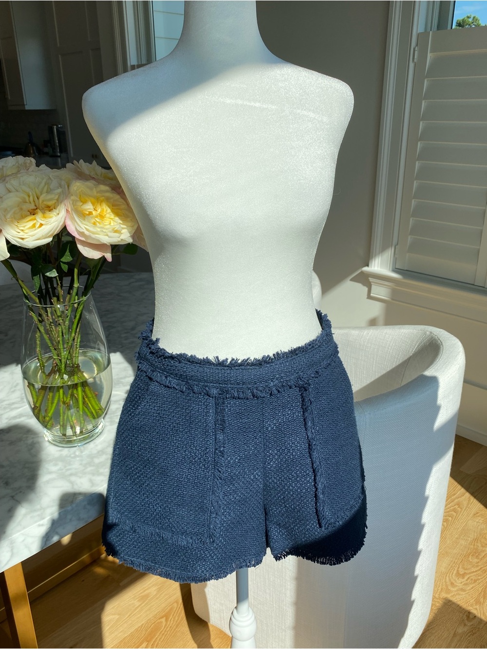 cinq a sept Navy Tweed High-Waist Fringed Shorts